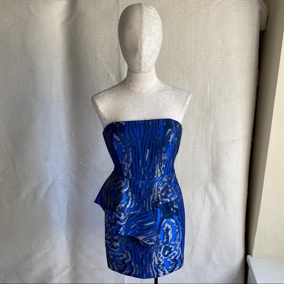 Bebe S Swirl Print Strapless Mini Dress Blue Black - Picture 2 of 8
